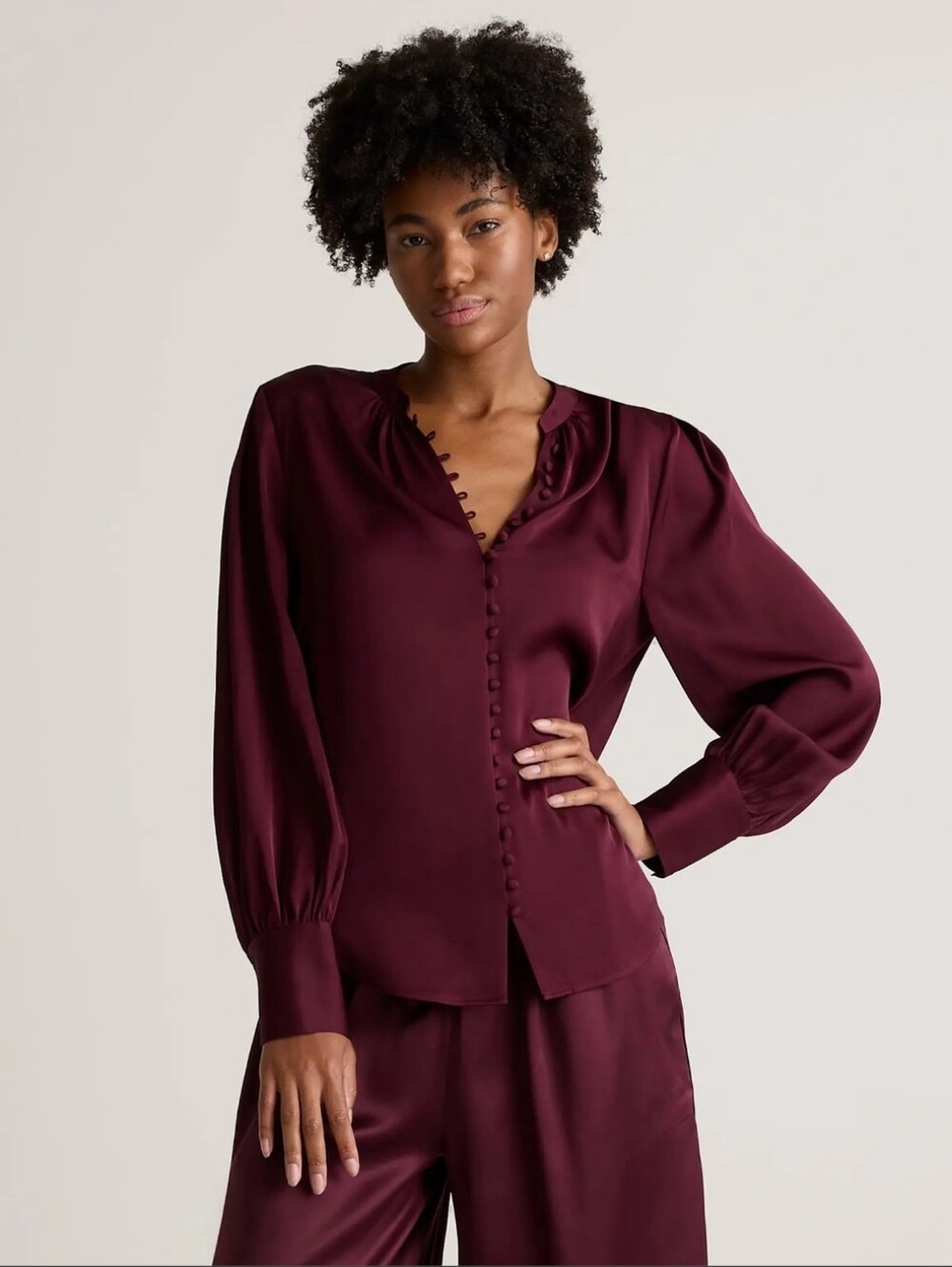 Quince Washable Silk Peasant Blouse XS Wine Red Balloon Sleeve Boho Chic
